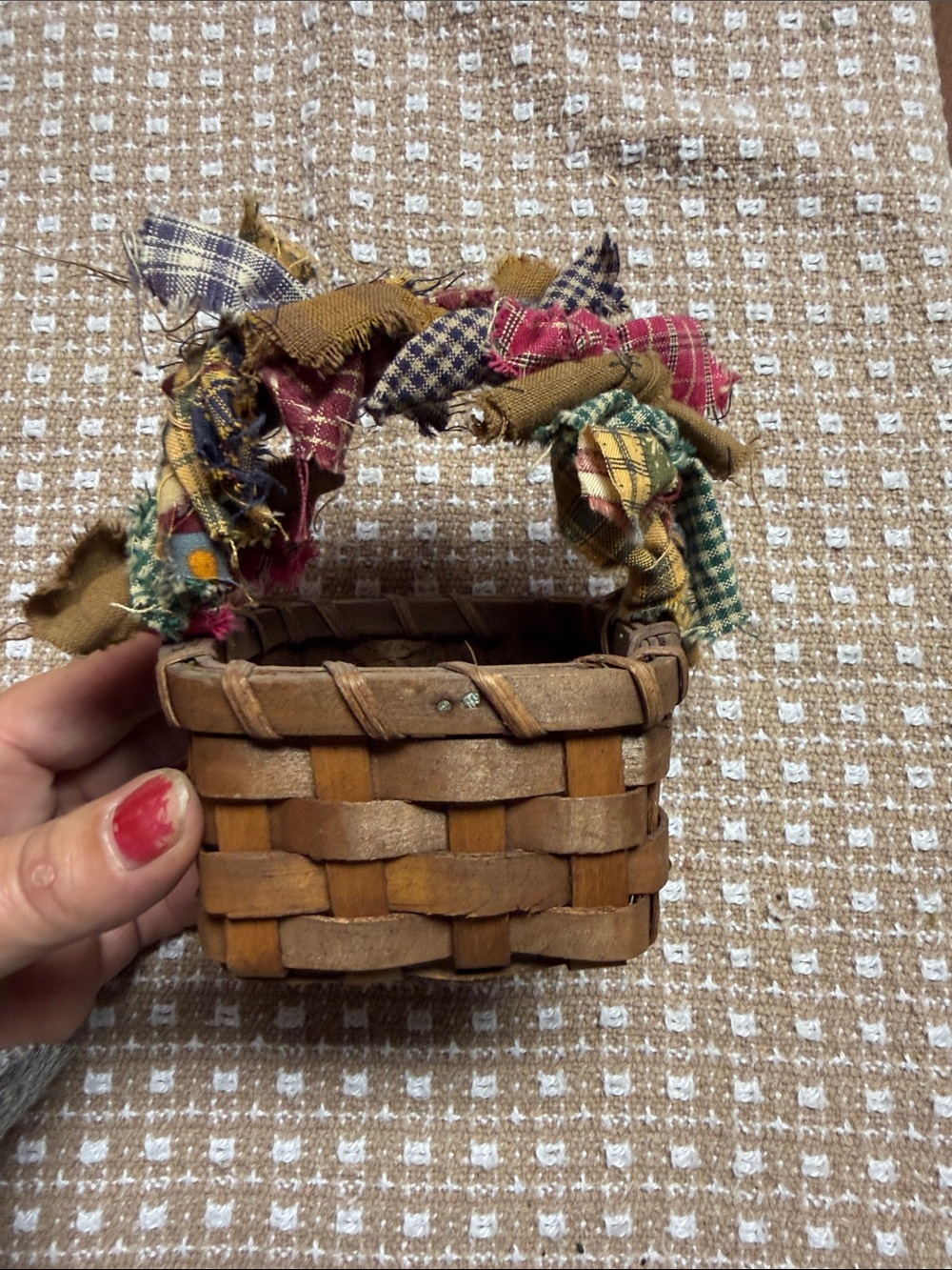 Handwoven Rustic Mini Basket with Multicolor Fabric Handle
